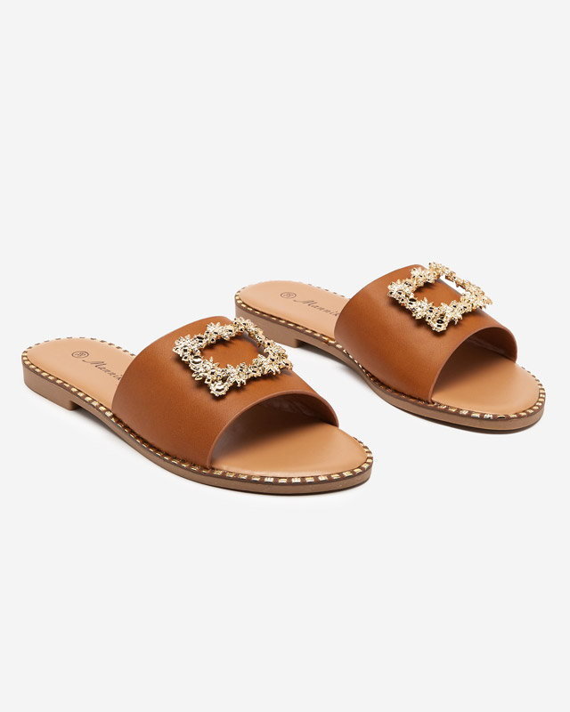 OUTLET Hellbraune elegante Damenhausschuhe mit goldener Verzierung Meriso - Footwear