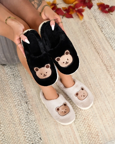 Royalfashion Schwarze Damen-Pelzpantoffeln mit Teddybär Hettres