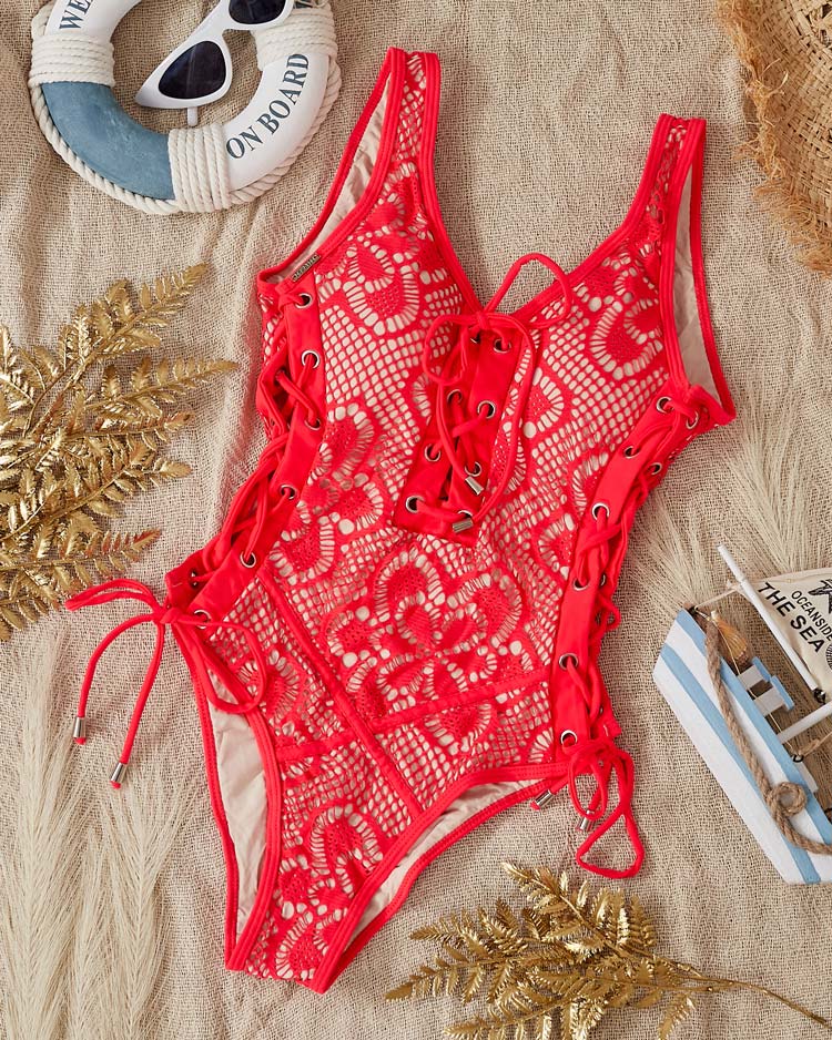 Einteiliger roter Spitzen-Badeanzug für Damen - Unterwäsche