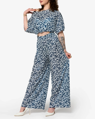 Marineblaues Plissee-Set für Damen mit schwarzen Blumen - Kleidung