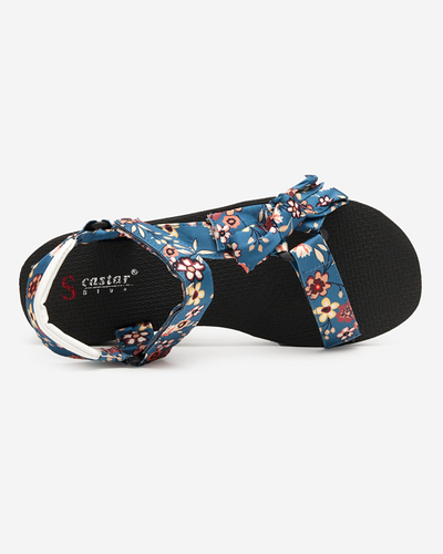 Schwarze Damensandalen mit blauen Streifen mit Lilienblüten - Schuhe