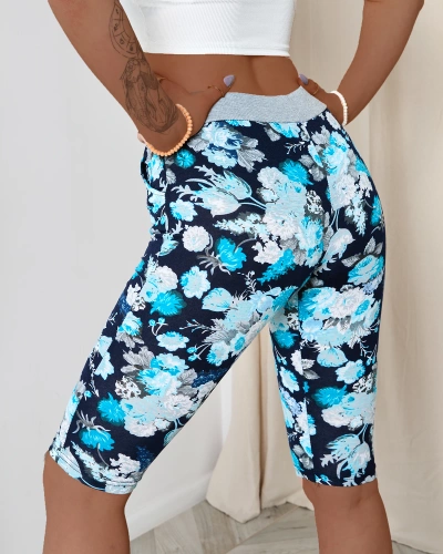 Dunkelblaue Damen-Shorts in 3/4-Länge mit Blumenmuster - Bekleidung