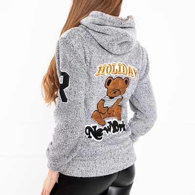 Grauer Damen Hoodie aus Plüsch mit Reißverschluss und Teddybär-Aufnähern - Kleidung