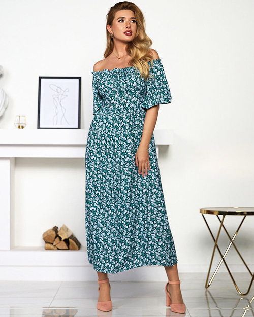 Зелено-біла сукня максі з квітковим візерунком - Одяг