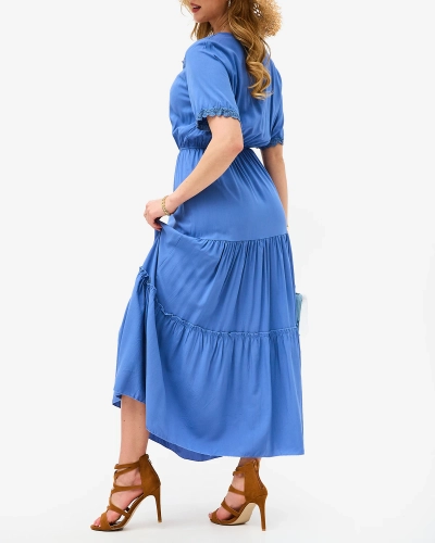 Blaues langes Damenkleid mit kurzen Ärmeln- Kleidung