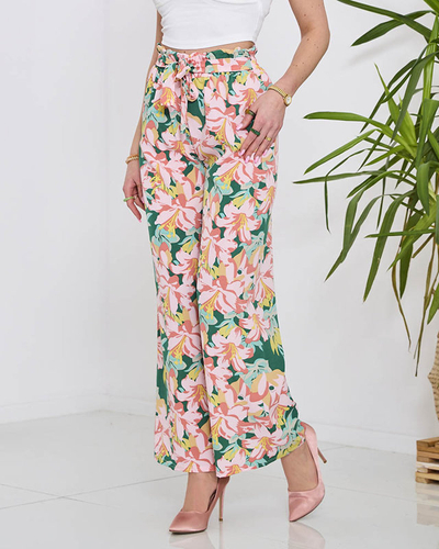 Grüne Damen-Palazzohose mit rosa Blumen - Kleidung