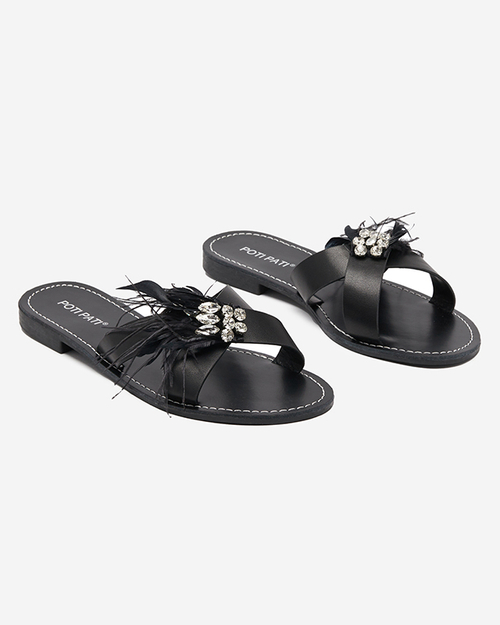 Чорні жіночі тапочки з орнаментом з фіанітів та пір'я Linoda - Взуття