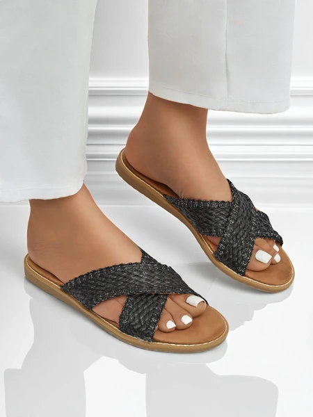 Damen-Sandalen Calista Nero flach, schwarzes Geflecht, Öko-Leder