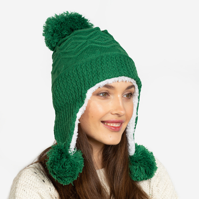 Dunkelgrüne Damen-Isoliermütze mit Pompons - Accessoires