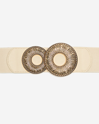 Beigefarbener elastischer Gürtel mit einer großen goldenen Schnalle - Accessoires