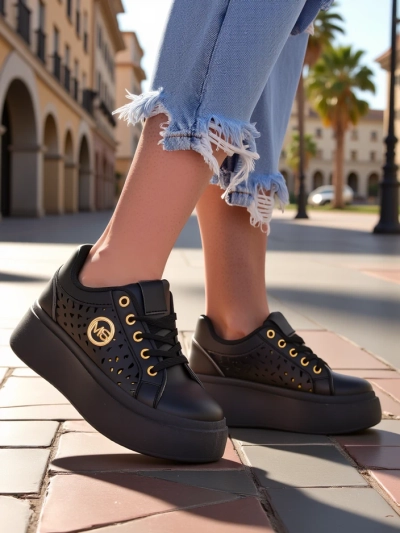 Aurelia Nero - Schwarze Royalfashion Plateauschuhe aus Öko-Leder, Modell LH201-8