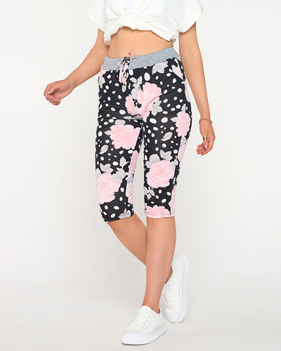 Schwarze 3/4-lange Damen-Shorts mit rosa Blumen - Kleidung