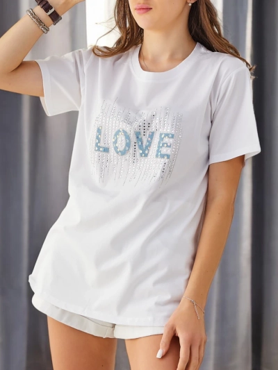 Royalfashion Damen Baumwoll-T-Shirt LOVE mit Strasssteinen