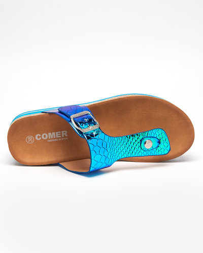 Blaue holografische Damen-Flip-Flops auf dem Keilabsatz Firio - Schuhe