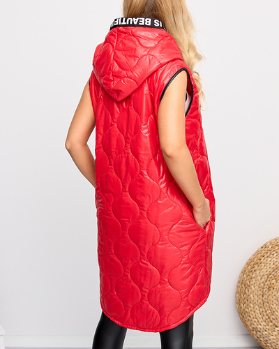 Червоний довгий стьобаний жилет з принтом