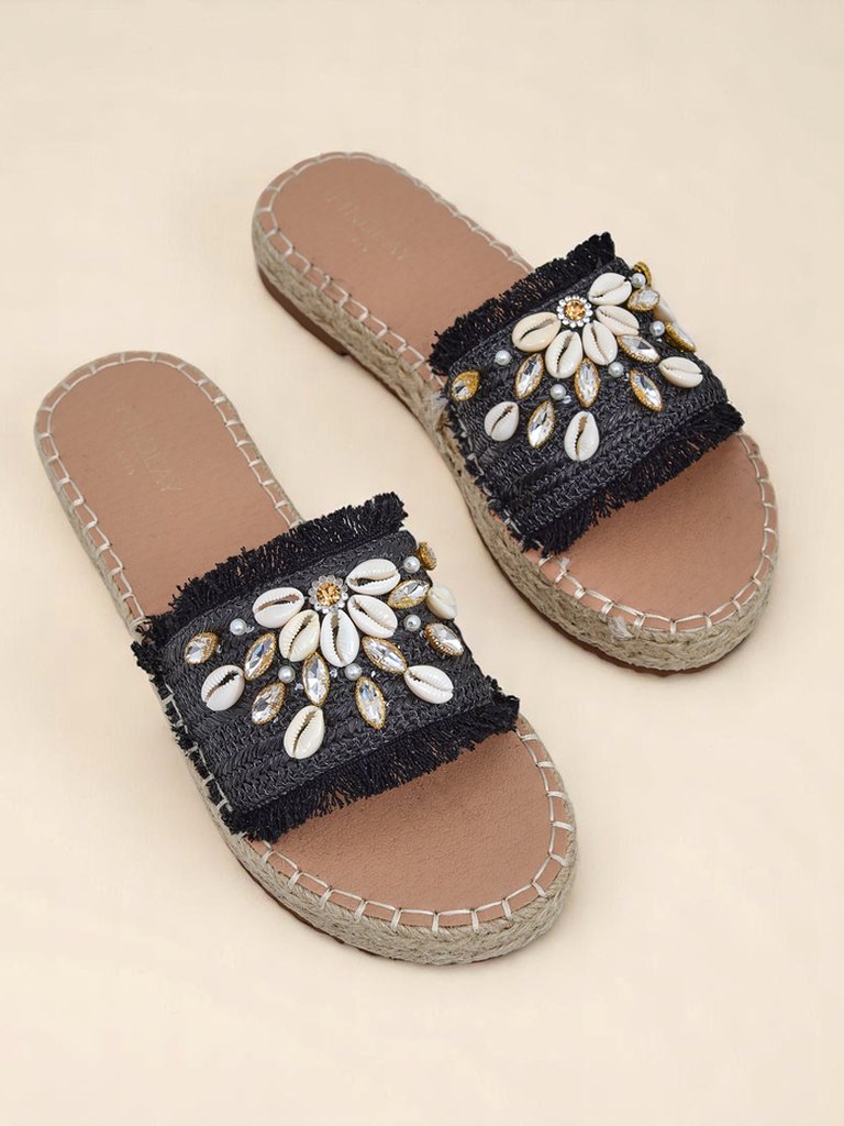 Damen Sandalen Royalfashion Helena Decor schwarze Espadrilles mit Muscheln