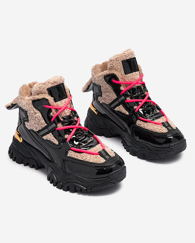 Schwarze Damen-Sportschuhe mit Pelz und neonpinken Schnürsenkeln Adbo- Footwear