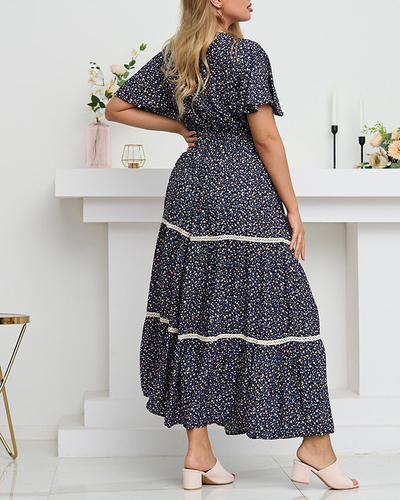 Marineblaues Maxikleid mit ausgestelltem Blumenmuster - Kleidung