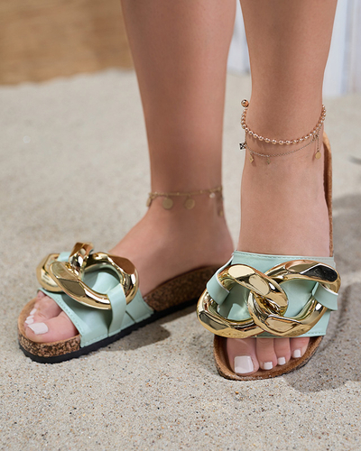 Damen Sandalen Thalia Royalfashion grün mit Kette auf flacher Sohle