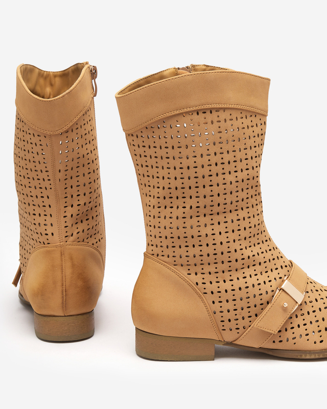 Kamelfarbene durchbrochene Stiefel mit flachem Absatz Weiluna - Footwear