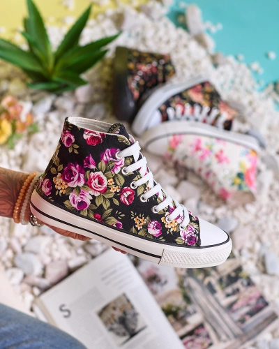 Royalfashion Schwarze Damen-Sneaker mit Blumenmuster Soxic
