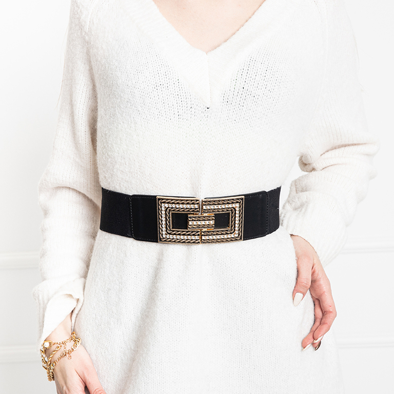 Schwarzer Damen-Gürtel mit goldener Schnalle mit Zirkonia - Accessoires