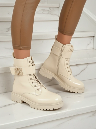Beige Ariadne Stiefeletten aus Öko-Leder mit Reißverschluss, runde Spitze, stilvoll
