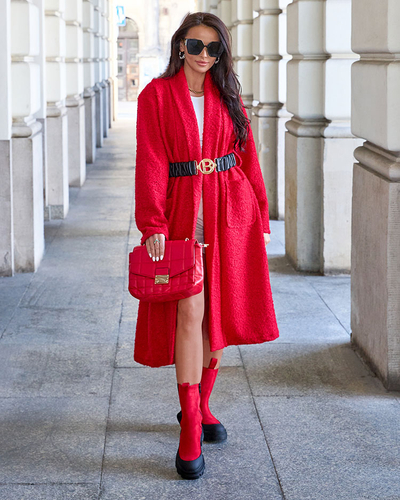 Royalfashion Blauer Damenmantel aus Schafsfell mit Gürtel