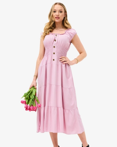 Lila langes trägerloses Damenkleid mit dekorativen Knöpfen- Kleidung