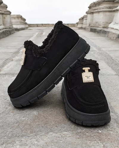 Schwarze Kalliope-Schuhe mit Plattform und Fell