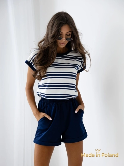 Royalfashion Baumwoll Damen-Set mit kurzen Ärmeln und gestreiften Shorts