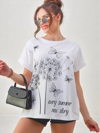 Royalfashion Damen Baumwoll-T-Shirt mit Löwenzahn und einem Schmetterling