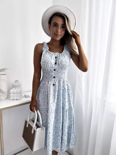 Florales blaues knielanges Damenkleid Kleidung