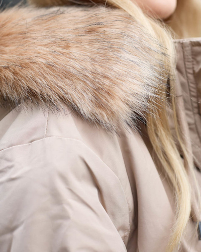 Beige Damen-Winterjacke mit Kordelzugbund - Kleidung