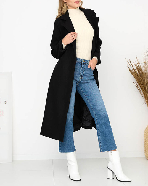 Чорне довге жіноче пальто з поясом - Одяг