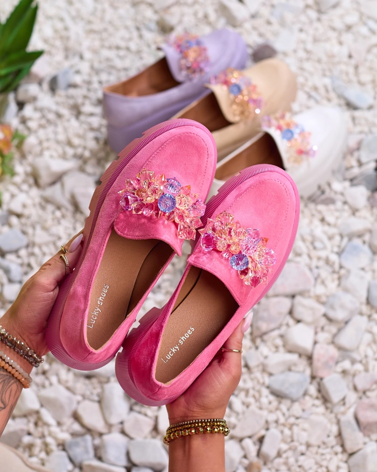 OUTLET Royalfashion Fuchsia Damen Mokassins mit bunten Kristallen Crystal Glam