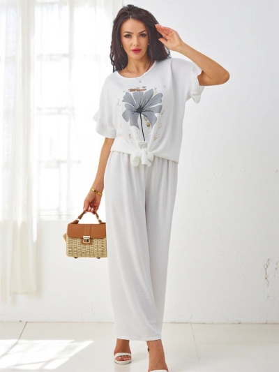 Royalfashion Damen Freizeitanzug mit kurzärmliger Bluse und weiten Hosen