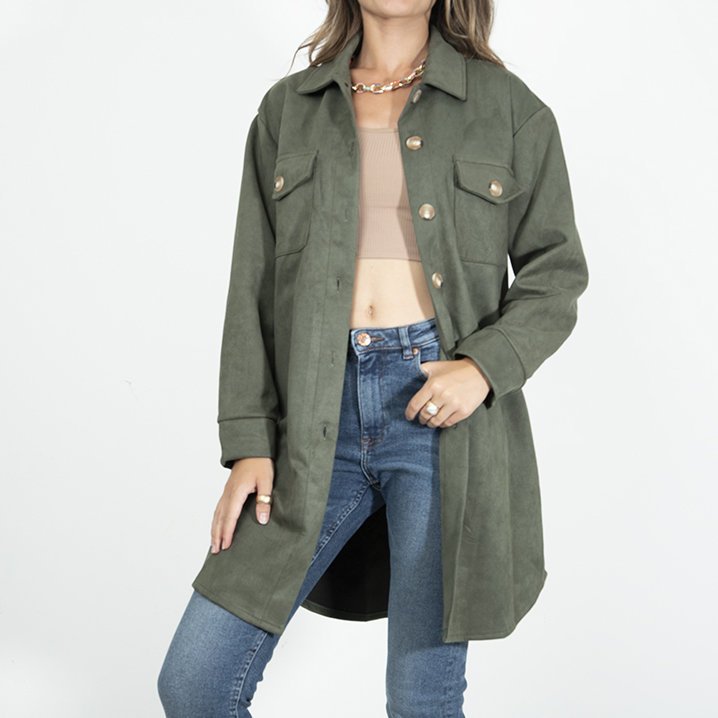 Dunkelgrüne Oversize-Hemdjacke aus Öko-Wildleder für Damen Kleidung - Main Image