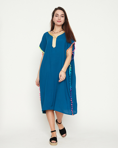 Türkisfarbene Sommer-Strandtunika für Damen mit Bommeln - Kleidung