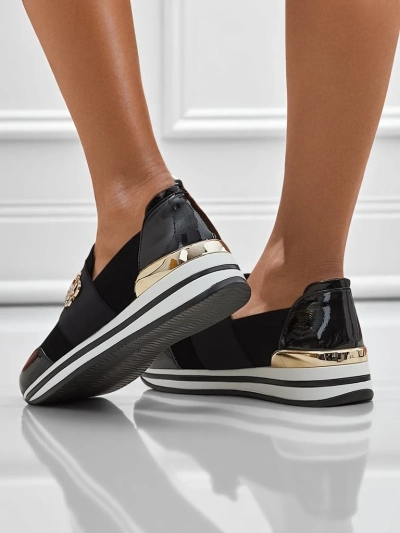 Damen Slip-Ons Elektra Nero mit goldenem Akzent, Öko-Leder, 3,5cm