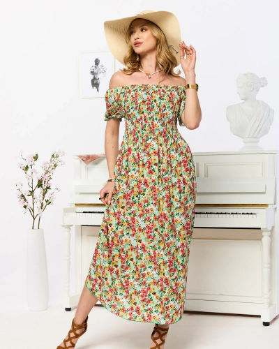 Grünes Damen-Midikleid mit Blumenmuster- Kleidung