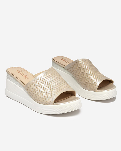 Золоті жіночі ажурні тапочки на танкетці з парчою Neritas - Shoes