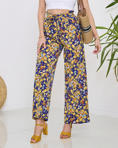 Blaue Damen-Palazzo-Hose mit marineblauen Blumen- Kleidung