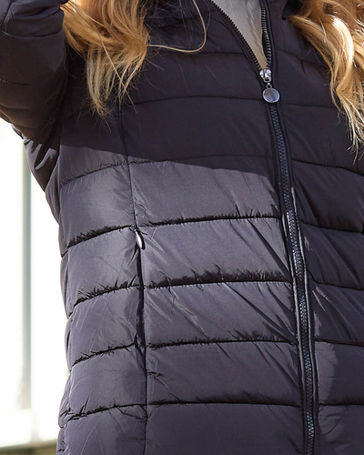 Marineblaue Damen-Steppjacke mit Kapuze und Pelz- Kleidung