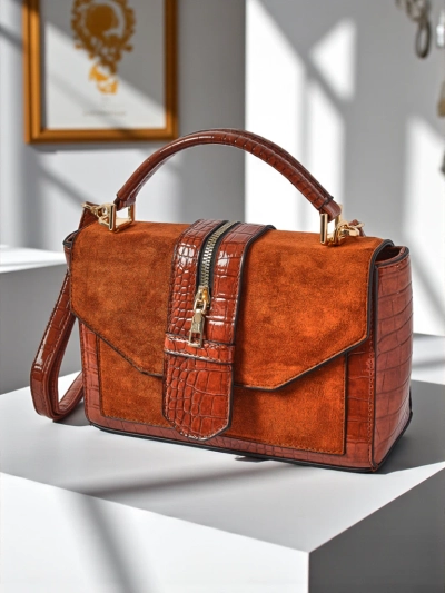 Damen Handtasche Hera Marrone braunes Öko-Leder Wildleder Retro Schultertasche