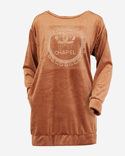 Довга коричнева жіноча туніка з цирконами