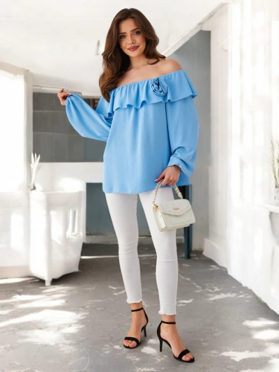 Royalfashion Damen Oberteil mit schulterfreiem Design, Rüsche und Blume