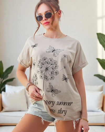 Royalfashion Damen Baumwoll-T-Shirt mit Löwenzahn und einem Schmetterling