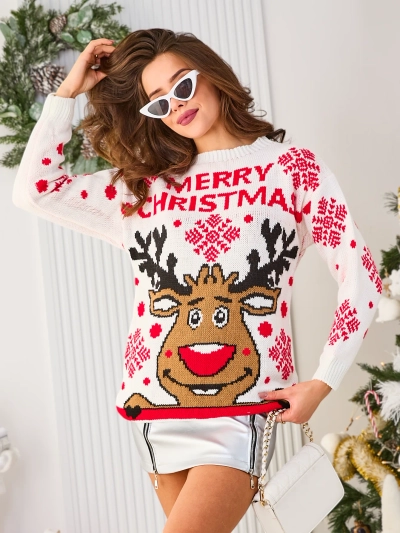 Royalfashion Weißer Weihnachtspulli mit Rentier