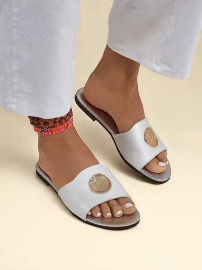 Royalfashion Damen Pantoletten mit flacher Sohle Golden Slip
